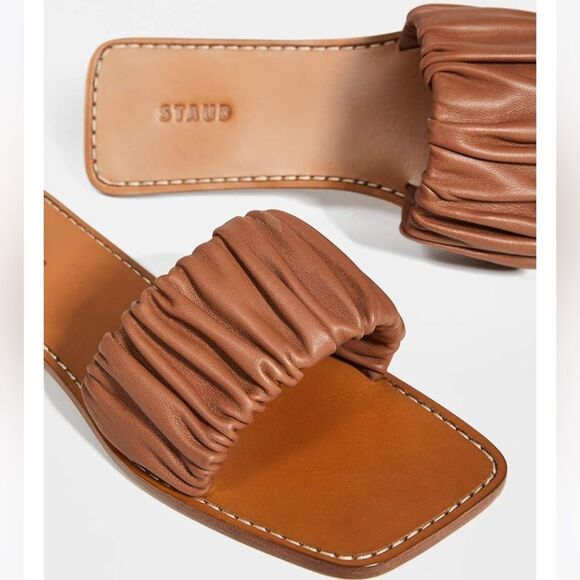Staud Sandals Nina Ruched Leather Brown Slip On Shoes Size 6 - Picture 1 of 5